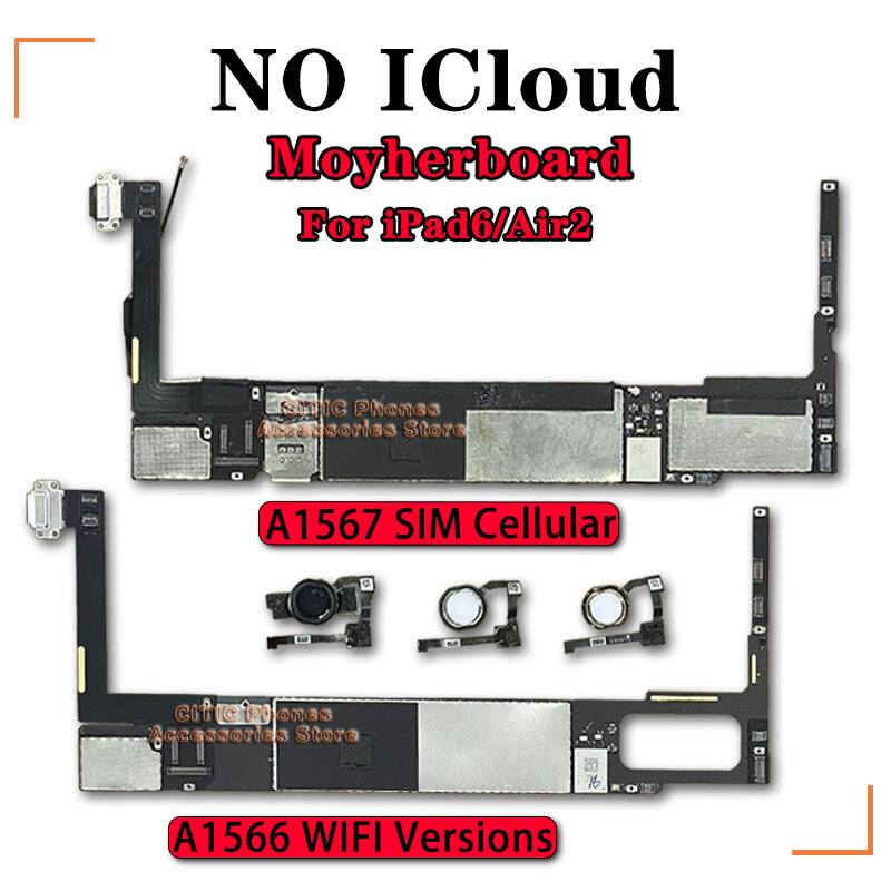 Original No Motherboard iCloud para IPad6, Logic Board, A1566, Versões Wi-Fi, A1567, Celular SIM, iPad Air2 Motherboard