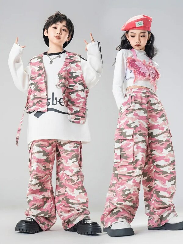 Kid Kpop Hip Hop Clothing Pink Butterfly Crop Tank Top Camouflage Casual Wide Cargo Pants for Girl Jazz Dance Costumes Clothes