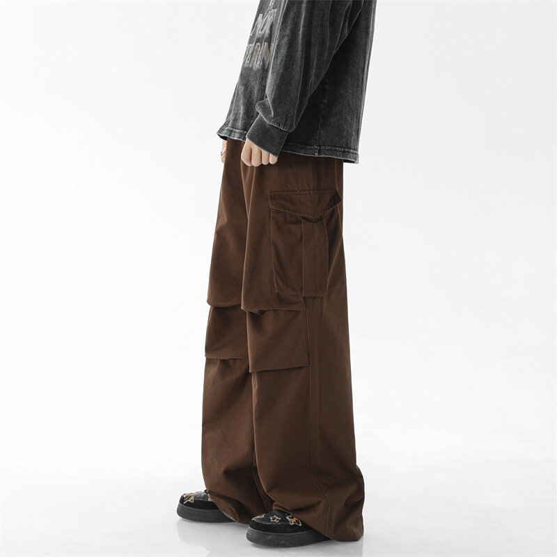 Amekaji-Pantalon cargo décontracté surdimensionné pour hommes, jambes larges, pantalon ample, mode américaine décontractée, coton fjPure, poches, H110, printemps, nouveau