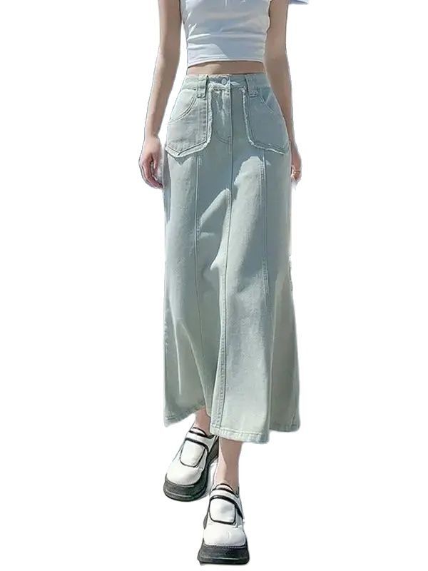 Юбка-годе женская джинсовая средней длины с высокой талией и карманами