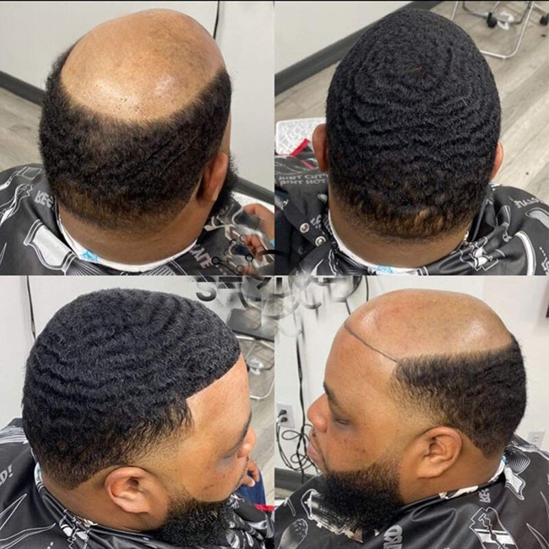 Wig rambut keriting pria, sistem rambut Pu injeksi tahan lama untuk pria hitam wig rambut manusia Pria palsu palsu palsu untuk pria