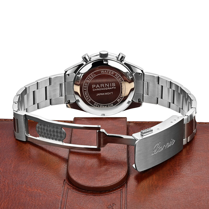 Men's Blue Dial Quartz Chronograph Watch, pulseira de aço inoxidável, relógios desportivos impermeáveis, Fashion Parnis, 40mm