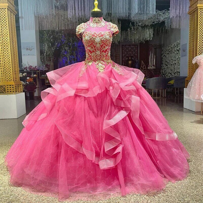 Rosa Quinceanera Kleider Ballkleid Puffy Tüll Appliques Perlen Kristall Spitze Süße 16 Prinzessin Party vestidos de 15 años
