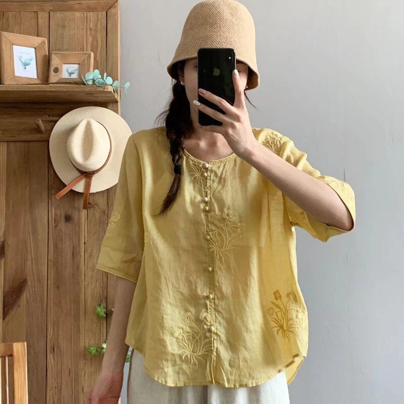 Sweet Elegant Summer New Embroidery Cotton Hemp Women's Round Neck Thin Style Button Fashion Casual Half Sleeve Loose Shirt Tops