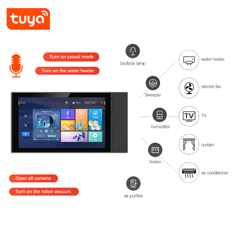 Tuya 스마트 홈 제어판은 홈 스마트 스피커 및 조명과 같은 모든 Tuya 스마트 제품을 제어합니다. 스마트 홈 자동화 tv