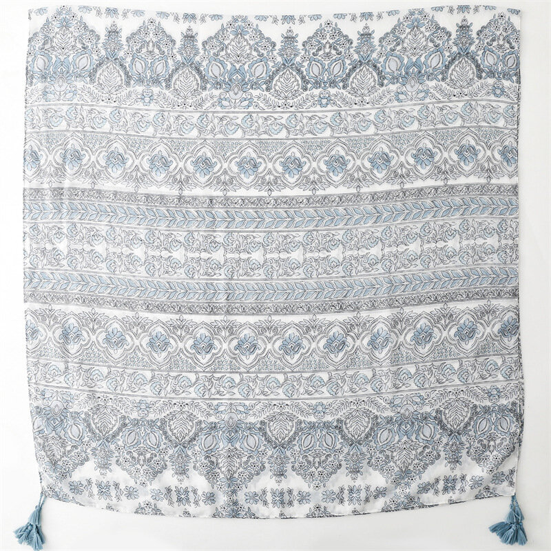 Xale retrô de linho e algodão estilo étnico feminino, lenço de borla de flor pequena azul e cinza