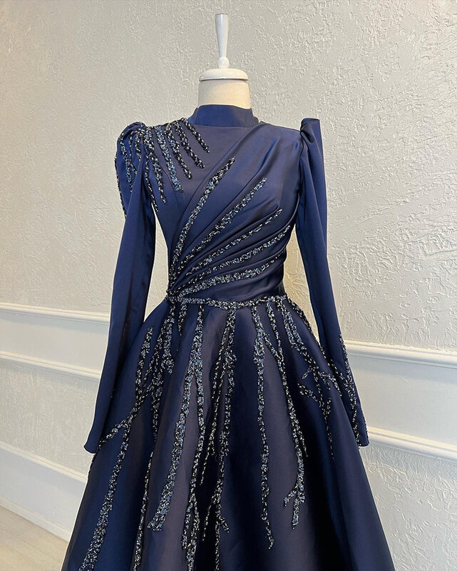 Navy Satin Beaded Long Sleeve Hijab Muslim Evening Dresses Moroccan Caftan High Neck Formal Party Ball Gown Robe De Soiree