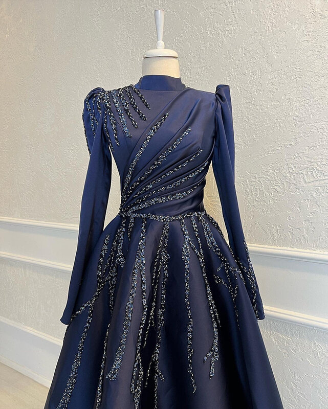 Navy Satin Beaded แขนยาว Hijab มุสลิมชุดราตรีโมร็อกโก Caftan คออย่างเป็นทางการ Party Ball Gown Robe De Soiree