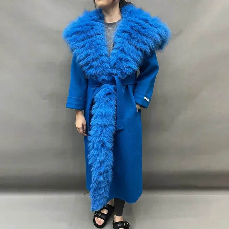 Manteau en laine avec col en fourrure de renard véritable pour femme, veste à la mode, vêtements d'automne et d'hiver