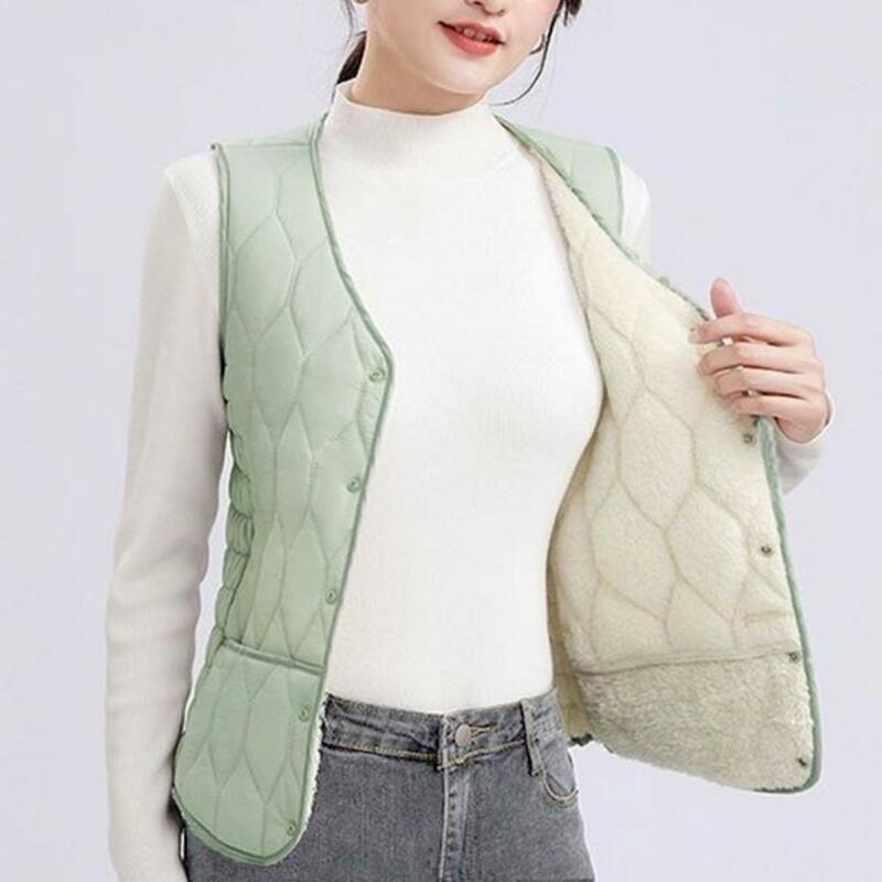 Mantel cuaca wanita, mantel rompi mewah ukuran besar perempuan dengan kantong leher V hangat tahan angin musim dingin untuk dipakai