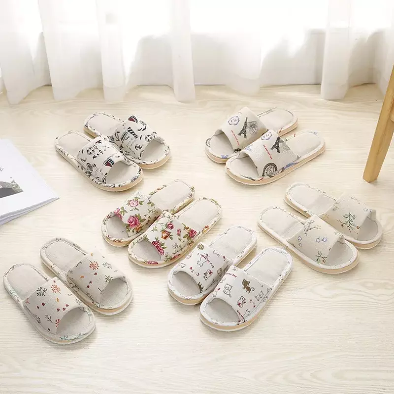 Floral Slippers Women Autumn Cute Home Linen Couples Indoor House Non Slip Funny Sandals Cartoon Kawaii Cat Shoes Flat Flax