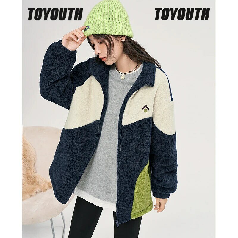Toyouth ผู้หญิงขนแกะหนา2022ฤดูหนาวแขนยาวคอตั้งหลวมแจ็คเก็ต Patchwork สีสบายๆ Outwear Tops
