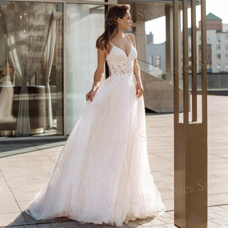 2024 Charming Boho V Neck Women's Wedding Dresses Sleeveless Lace Appliques Bride Gowns Spaghetti Straps Tulle Vestidos De Novia