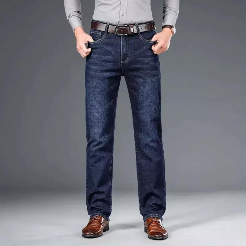 Pantalones vaqueros elásticos rectos ajustados de alta calidad para hombres, insignia de estilo clásico, Jeans casuales de negocios para jóvenes, otoño y primavera, 2024