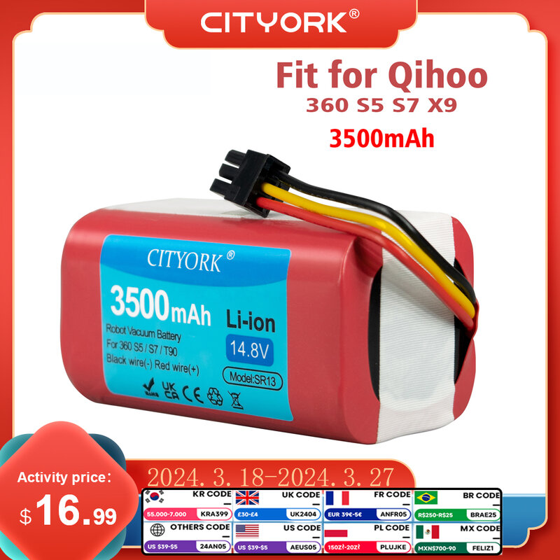 CITYORK-Batterie de Remplacement pour Aspirateur Robot Qihoo 360, S5, S7, S7Pro, T90, X9, 3500mAh, 14.8V, 24.com