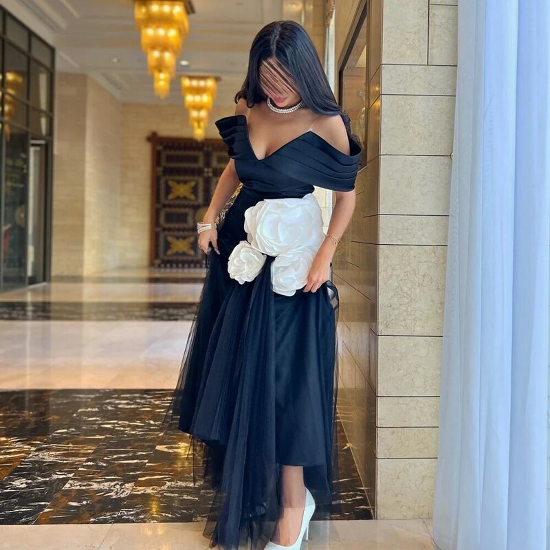 Ballkleid Saudi-Arabien Abschluss ball Satin Blume Strand a-line schulter frei maßge schneiderte Anlass Kleid lange Kleider