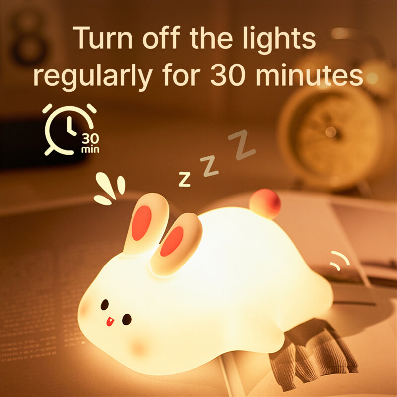 LED Night light Cute Big Face Rabbit Night Light Kid Touch Sensor Timing USB Rechargeable for Birthday Gifts Bedroom Decor