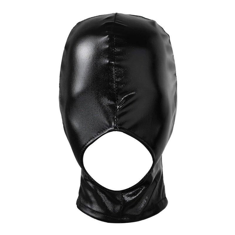 Unisex brilhante látex capuz máscara facial completa, boca aberta, furo chapelaria, bronzeando Headpiece, Role Play Traje