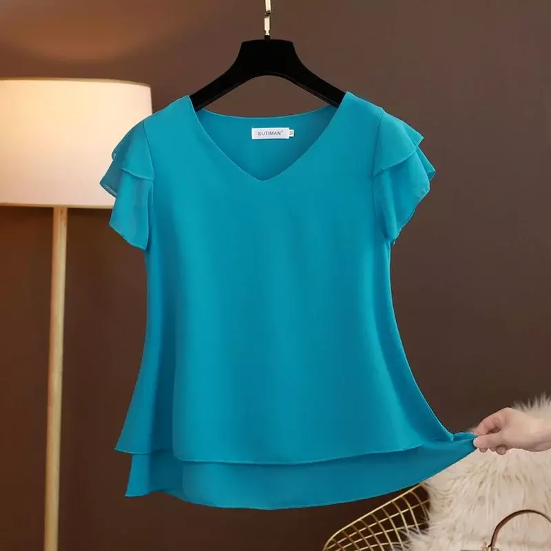 Blusa holgada De Chifón con cuello en V para Mujer, camisa informal De gran tamaño, a la Moda, 2024