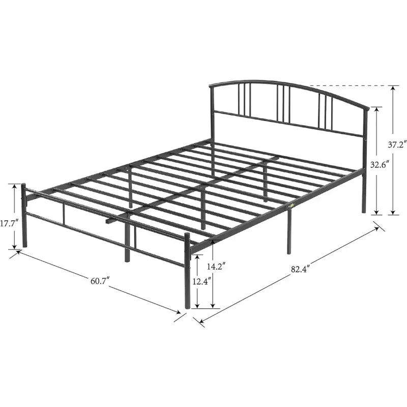 Матрас Королевский на металлической платформе, 14 дюймов с изголовьем кровати, поддержка стальных пластин, без пружинной коробки, черная кровать