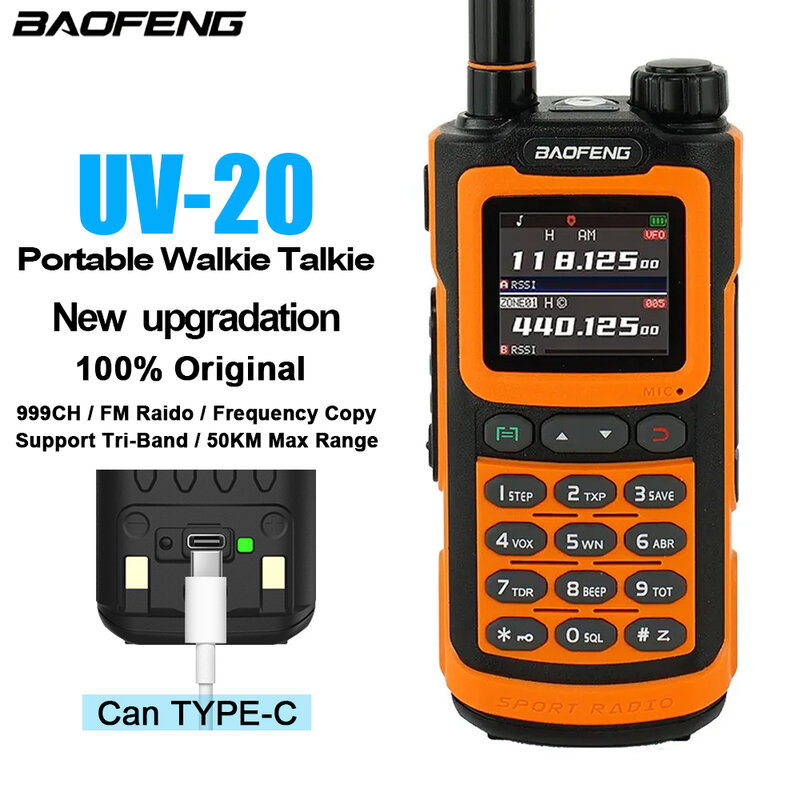 Baofeng-ポータブル双方向ラジオ、BF-UV20、UV-20ハンドヘルドウォーキートーキー、新しいアップグレード、トライバンド、長さ範囲、TYPE-C充電をサポート
