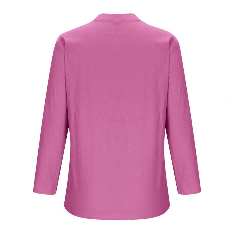 Comfortable Blouse Trendy Women's V-neck Buttoned Blouse Stylish Loose Fit Tunic Tops for Office Ladies with Long Sleeves Solid