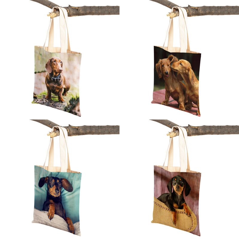 Mini bassotto cane donna Canvas Lady Tote Handbag riutilizzabile Double Side Cute Pet Animal Pattern Print Casual Shopping Bag