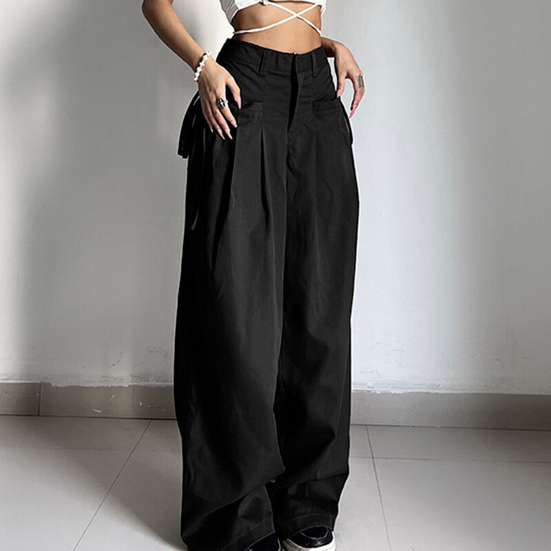2024 Spring/Summer New European and American Trendy Fashion Retro Street Loose Low Waist Solid Color Woven Pants