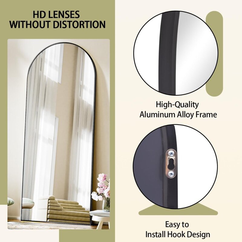 71 "x28" arched full-length mirror, wall mounted or tilted floor standing mirror, aluminum alloy frame full body mirror, black