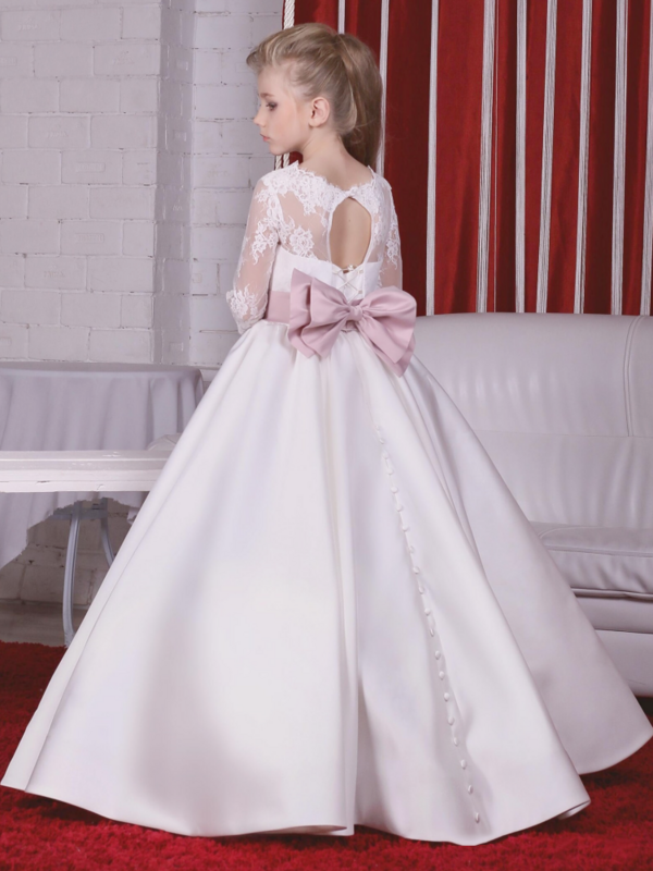 Gaun gadis bunga applique Satin putih dengan pita merah muda lengan panjang untuk pernikahan ulang tahun jamuan gaun Komuni Pertama