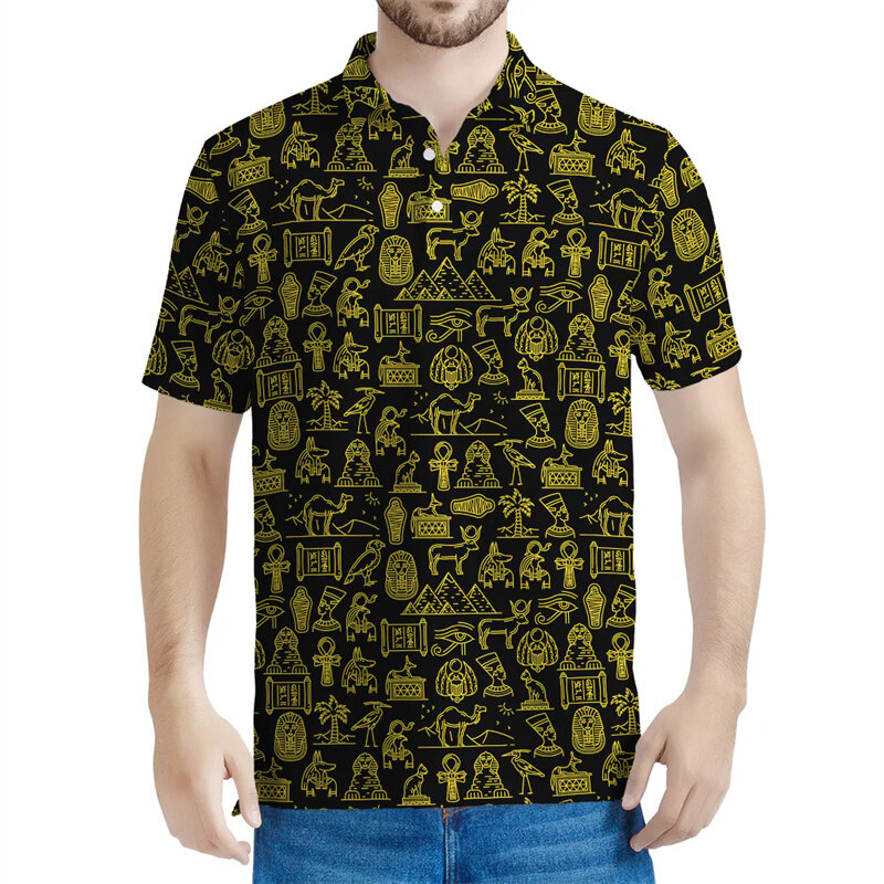 男性のための古代エジプトのパターンのTシャツ,3Dプリントの服,半袖,ジーンズ,カジュアルなストリートウェア,ラペルボタン