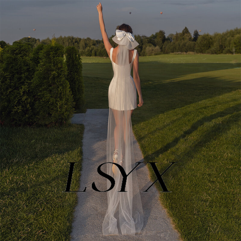 LSYX-Mini vestido de noiva simples para mulheres, vestido de noiva sem mangas, gola quadrada, zíper traseiro, acima do joelho, personalizado