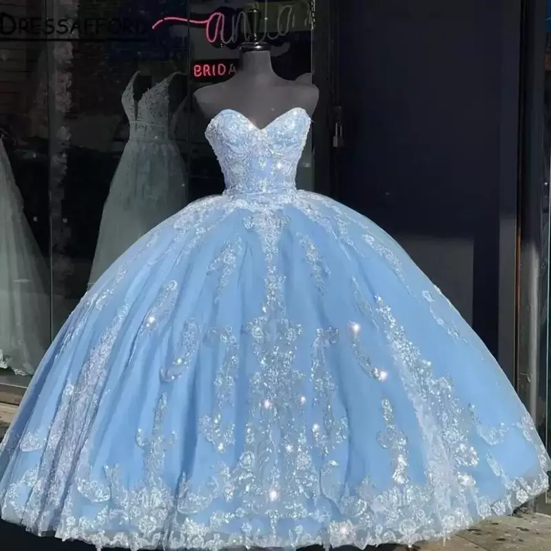 Женское бальное платье принцессы, синее фатиновое платье с аппликацией, пышное платье для торжества, дня рождения, 15 лет