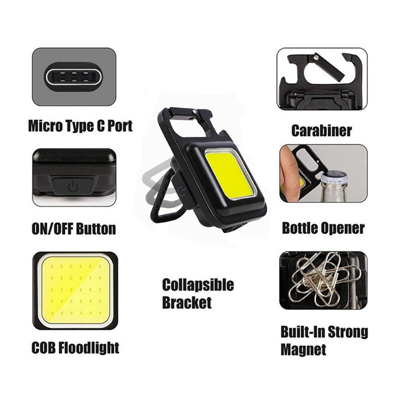 COB брелок для ключей, USB зарядка, аварийные лампы, многофункциональный мини-светильник с сильным магнитом, для ремонта, работы на открытом воздухе, кемпинга
