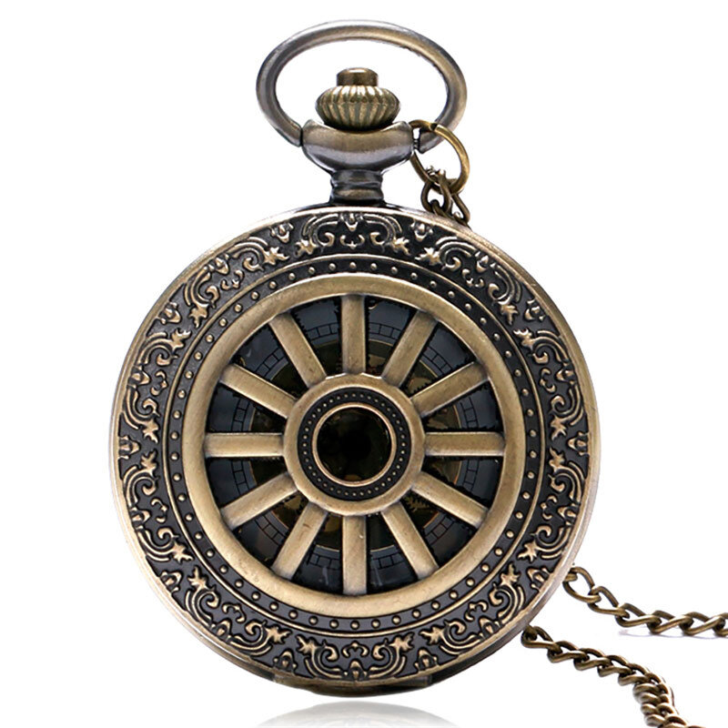Unisex oco Out Roda Tampa Quartz Watch, Analógico relógio de bolso, corrente colar pingente, algarismo arábico Relógio Display, Presente Old Fashion