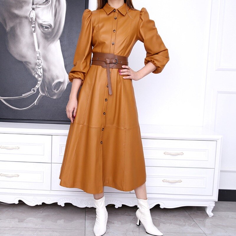 Genuine Leather Sheepskin Windbreaker with 3/4 Bubble Sleeves High Waist Long Style Single Row Multi Button Dress