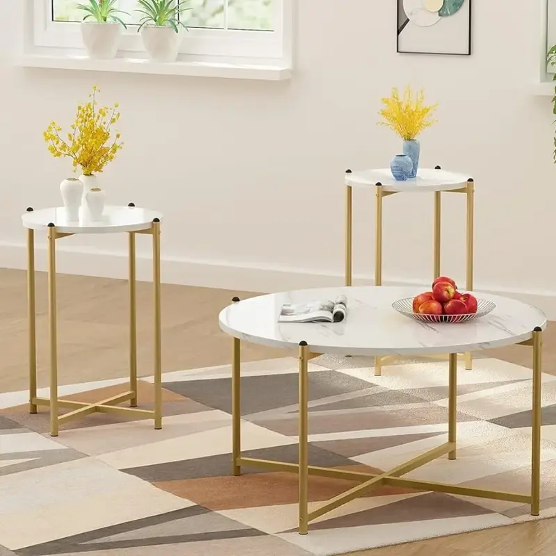 Tavolino da caffè in finto marmo Set di 3, 1 tavolino e 2 divani, tavolo rotondo e struttura a croce in metallo, per soggiorno