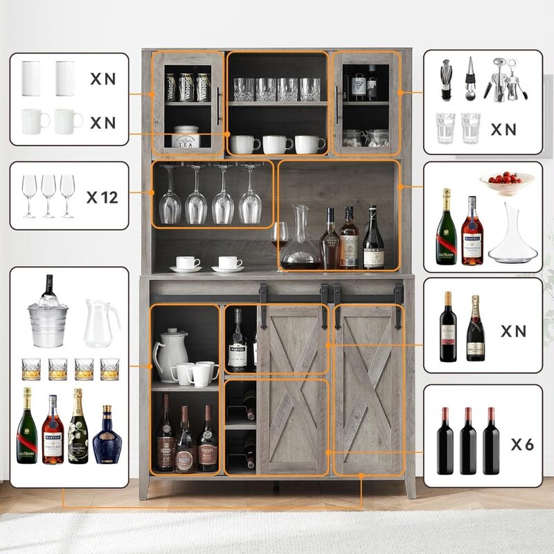 Farmhouse Bar Armário com porta de celeiro deslizante, 70 "Tall Buffet Cabinet with Storage Prateleiras, Liquor Cabinet, Wine Grey
