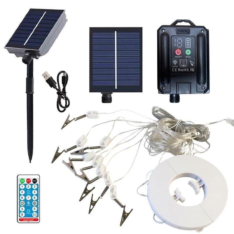 Lâmpada solar ao ar livre com bateria solar e carregamento USB, luzes de guarda-chuva, controle remoto, LED, luz do jardim