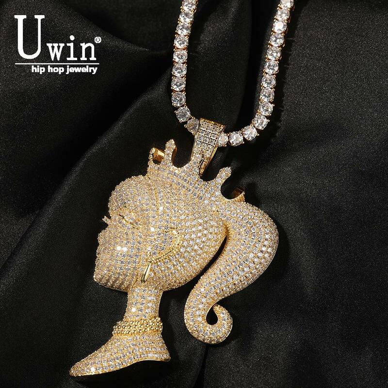 UWIN Girl Head Crown Pendant Ponytail Elegant Doll Charms Cuban Chain Micro Pave Iced Out Necklace Women Accessories Jewelry