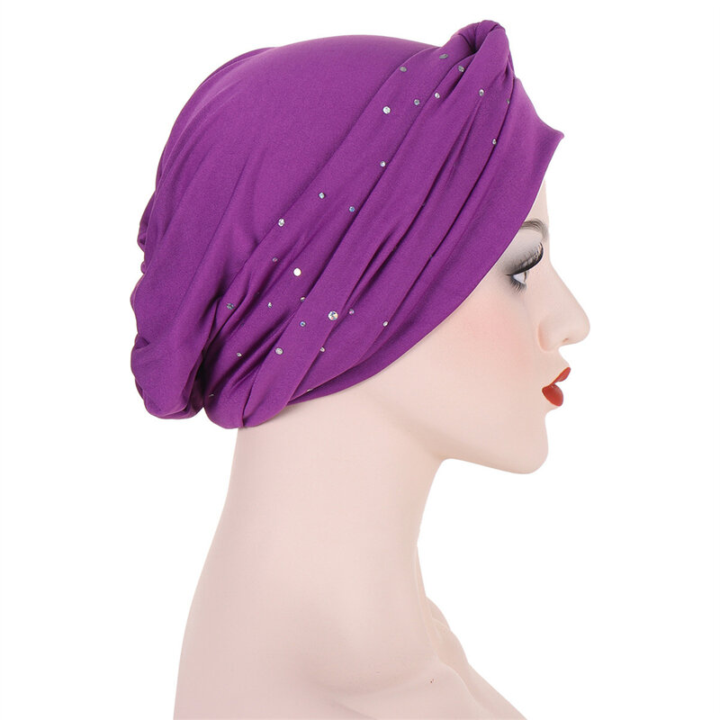 Fashion Muslim Hair Hats Folding Stretch Twisted Knot Turban Headscarves Head Wrap Women Bandanas Scarf Solid Diamonds Turban