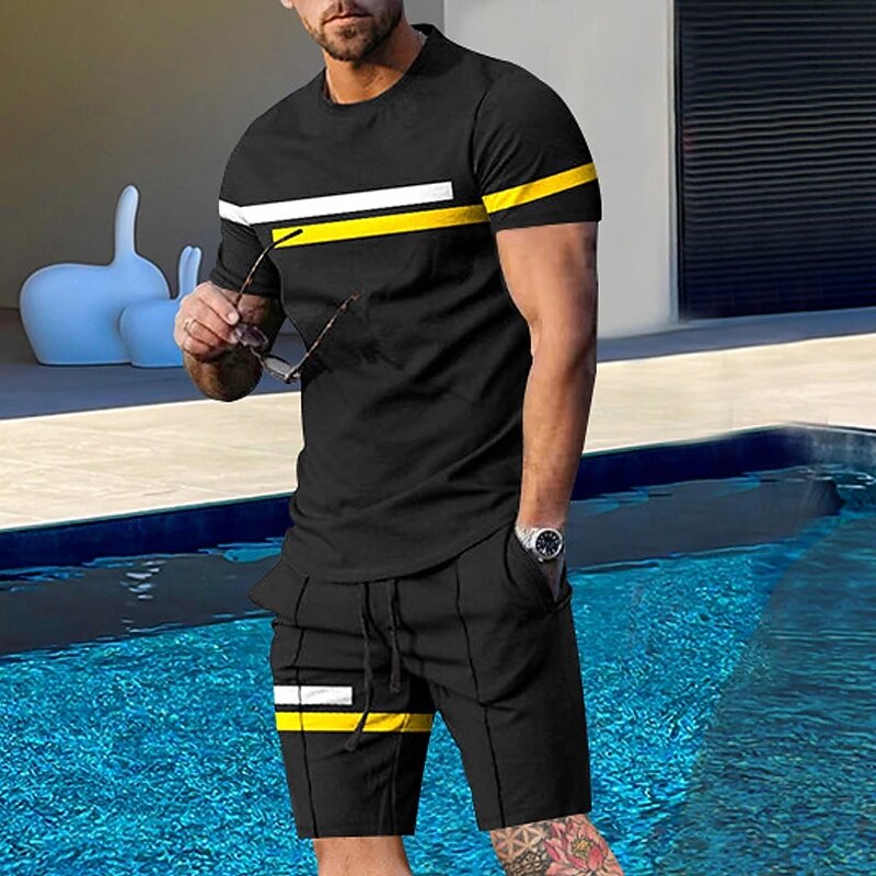 Men T-shirt Set Plus Size 3D Printed Color Block Graphics New Fashion Designer Round Neck Short Sleeve 2 Large Size Casual Suit