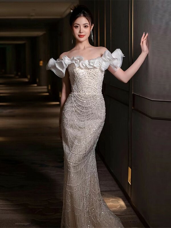 off-Shoulder Light Wedding Dress Fishtail Luxury Minority Veil Slim-Fit Slimming Bridal Toast Heavy Work