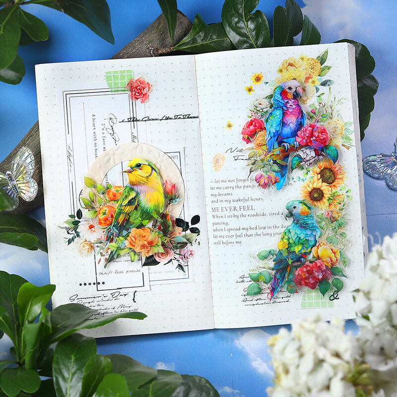 Pegatinas de mascotas DIY, decoración creativa retro, Serie de flores y pájaros, 12 paquetes por lote