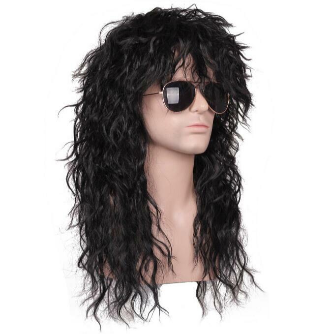 Long Curly Synthetic Wigs With Bangs Men High Temperature Fiber Rock Disco Mullet Fluffy Wig for Party Cosplay