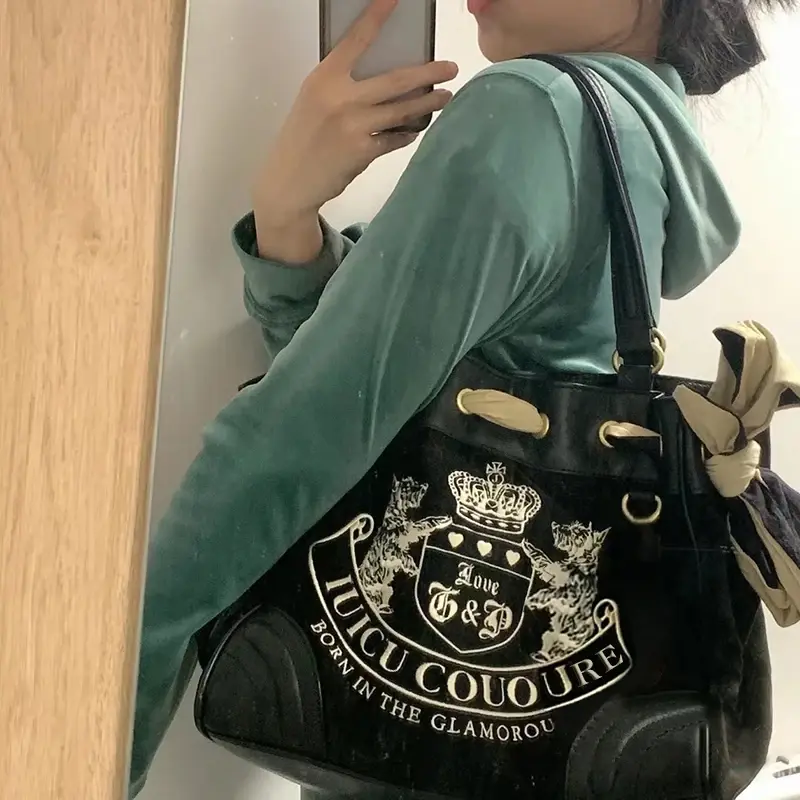Bolsas femininas de veludo bordado vintage, sacola feminina de grande capacidade, bolsa de ombro feminina, bolsa chique retrô, Y2K