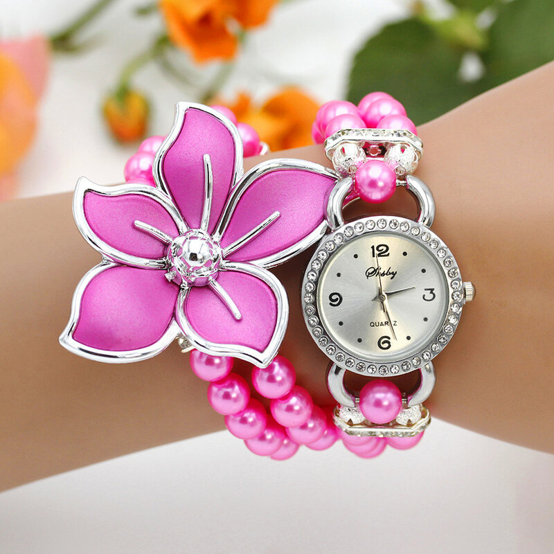 Neue Mode Frauen Kleid Uhren Damen Perlenkette weiße Blume Armband Quarz Armbanduhren Frauen Strass Uhren