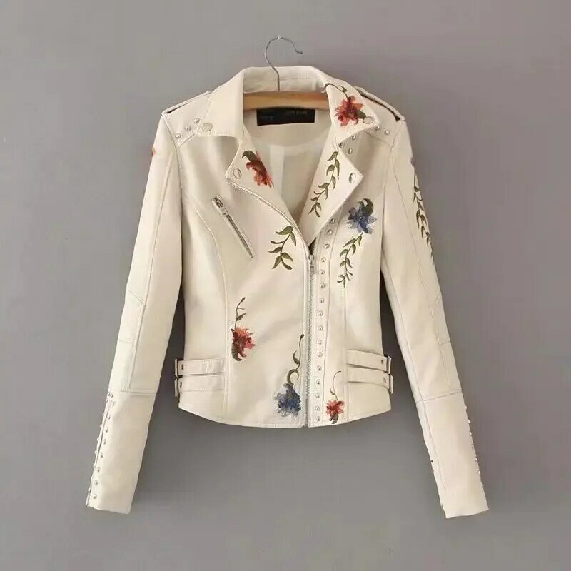 Jaqueta de couro vintage feminina, bordada flor, jaqueta bomber, streetwear, rebite PU, motobiker outerwear, casaco de couro feminino