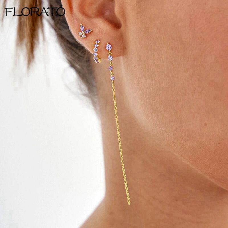2024 neue Mode Metall kette Quaste lange Ohrringe Sterling Silber Nadel runde Zirkon Ohrringe für Frauen elegante Schmuck Set