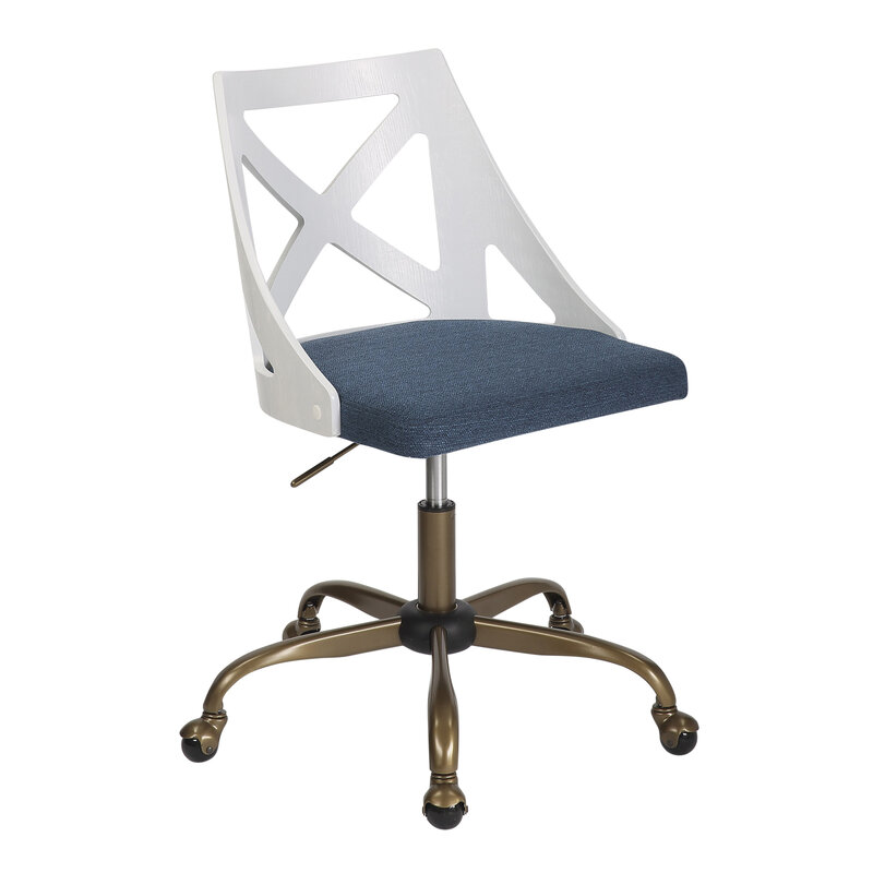 Krzesło LumiSource Charlotte Farmhouse Task z antycznego metalu miedzi, białego teksturowanego drewna i niebieskiej tkaniny do stylowego i